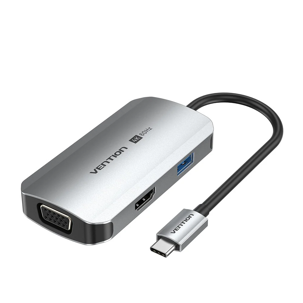 Vention USB-C to HDMI/VGA/USB 3.0/PD Docking Station 0.15M Gray Aluminum Alloy Type-TQAHB